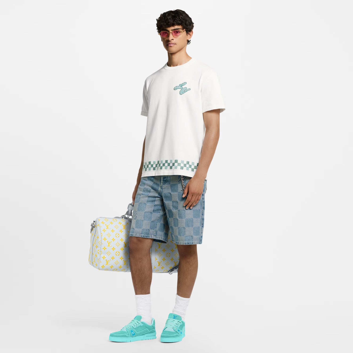 Louis Vuitton Men's Summer Hem Checkered Hot Drill Embroidery Fitted Cotton Short Sleeve Round Neck T-Shirt #81299