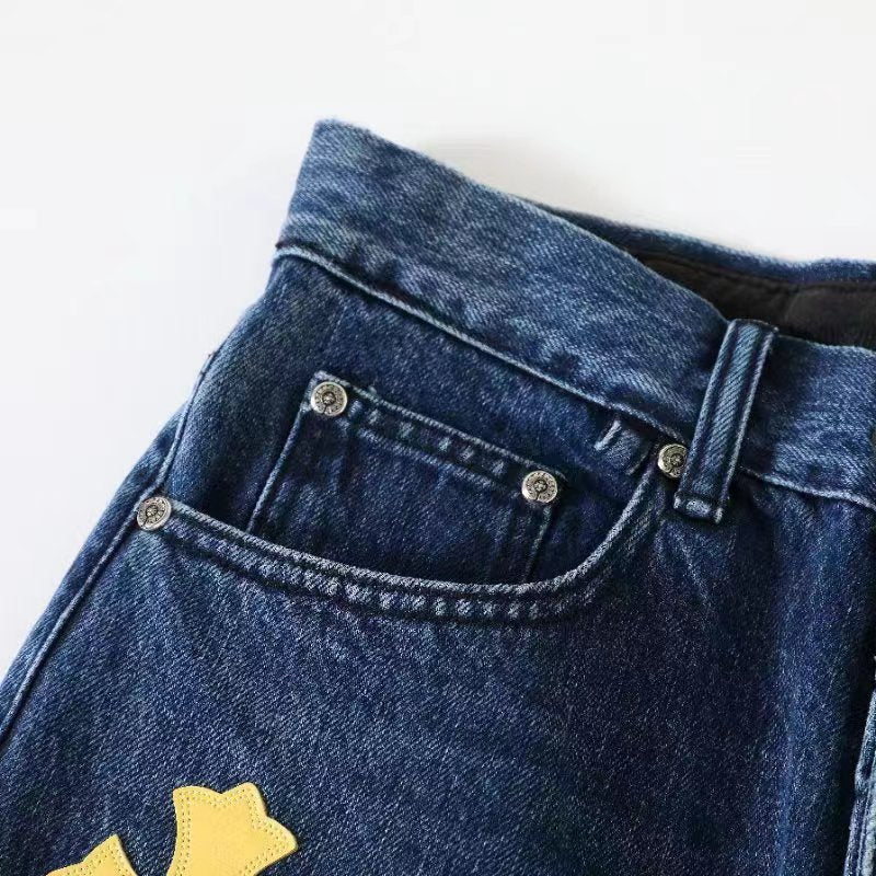 Chrome Hearts Men's and Women's Spring and Fall Cross Calfskin Labeled Blue Jeans Pants #76119