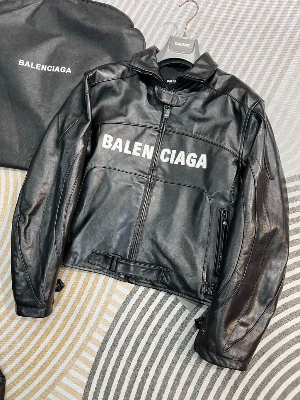 Balenciaga Men's Spring And Fall Monogrammed Black Zipper Long Sleeve Leather Biker Jacket Leather Pants Suit Set #73678