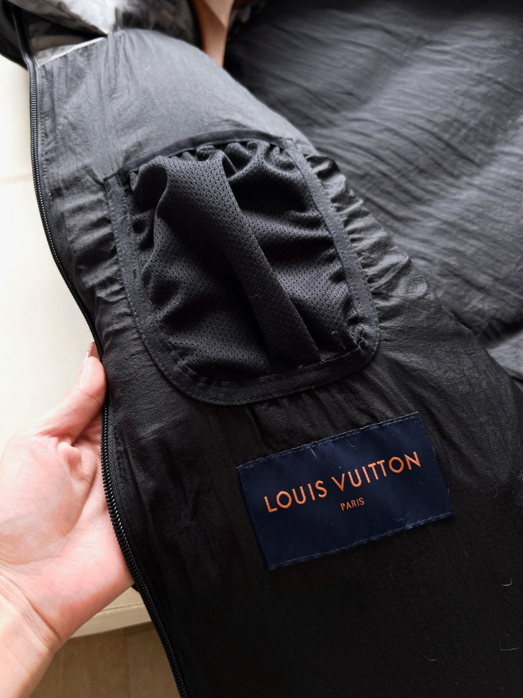 Louis Vuitton Men's Autumn and Winter Letter Printing Splicing Nylon Waterproof Fabric Warm Feeling Color Changing Hooded Zipper Long Sleeve Puffer Down Jacket #74186