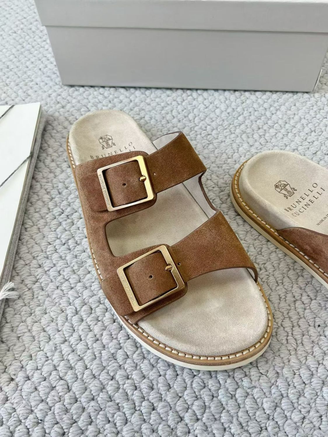 Brunello Cucinelli Suede slides with buckles for Man in Hazelnut