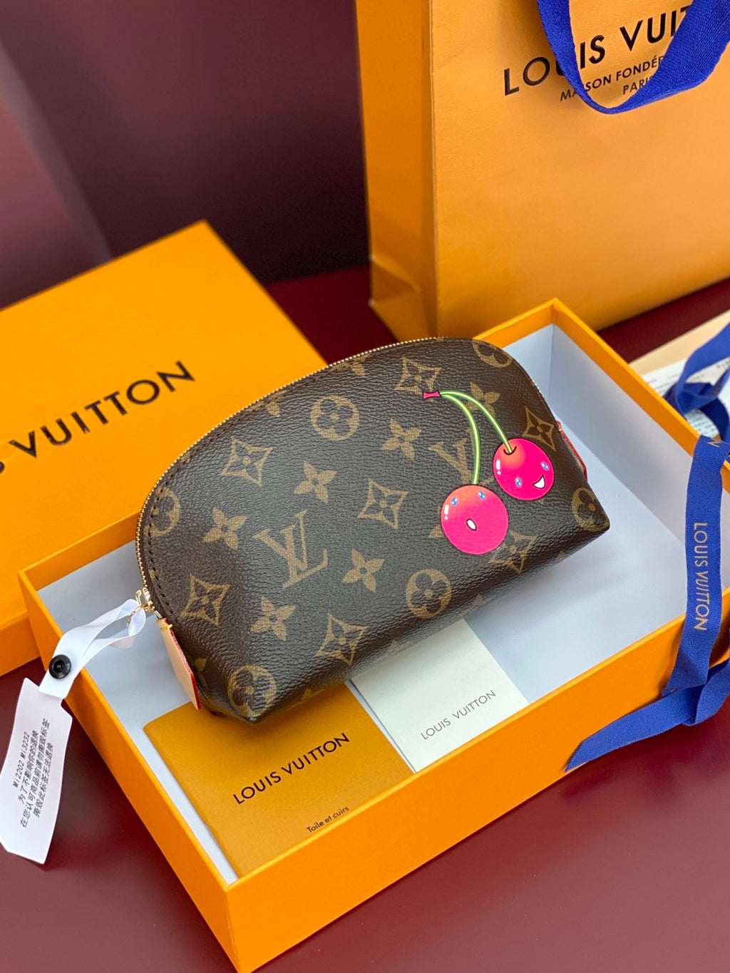 Louis Vuitton LV X TM Women's Brown Letter Print Cherry Pattern Leather Small Makeup Bag Bags #77595