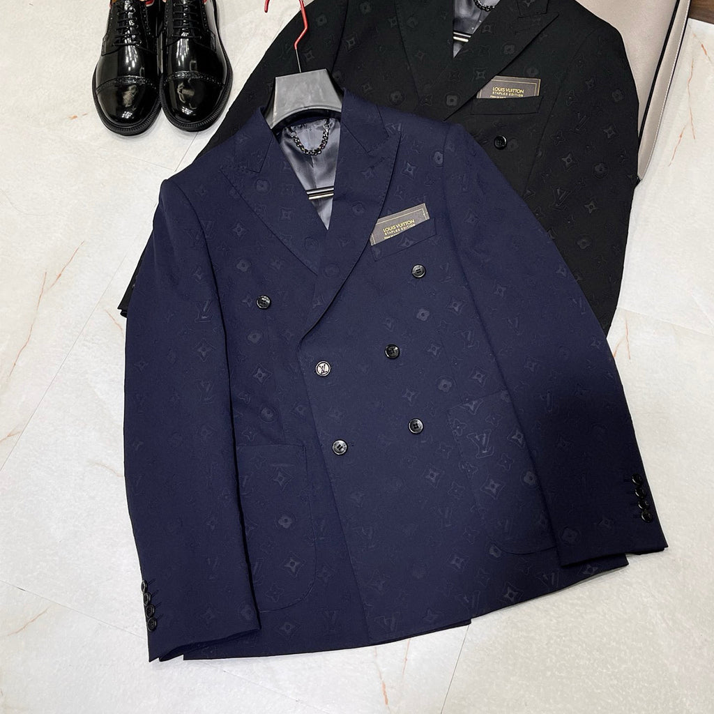Louis Vuitton Men's Spring And Autumn Embossed Monogram Double Breasted Lapel Long sleeved Black Blazer Jacket #98638