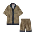 Gucci Men's Summer Logo Full Print Single Breasted Short Sleeve Shirt Stretch Waist Casual Shorts Set Suit #75828