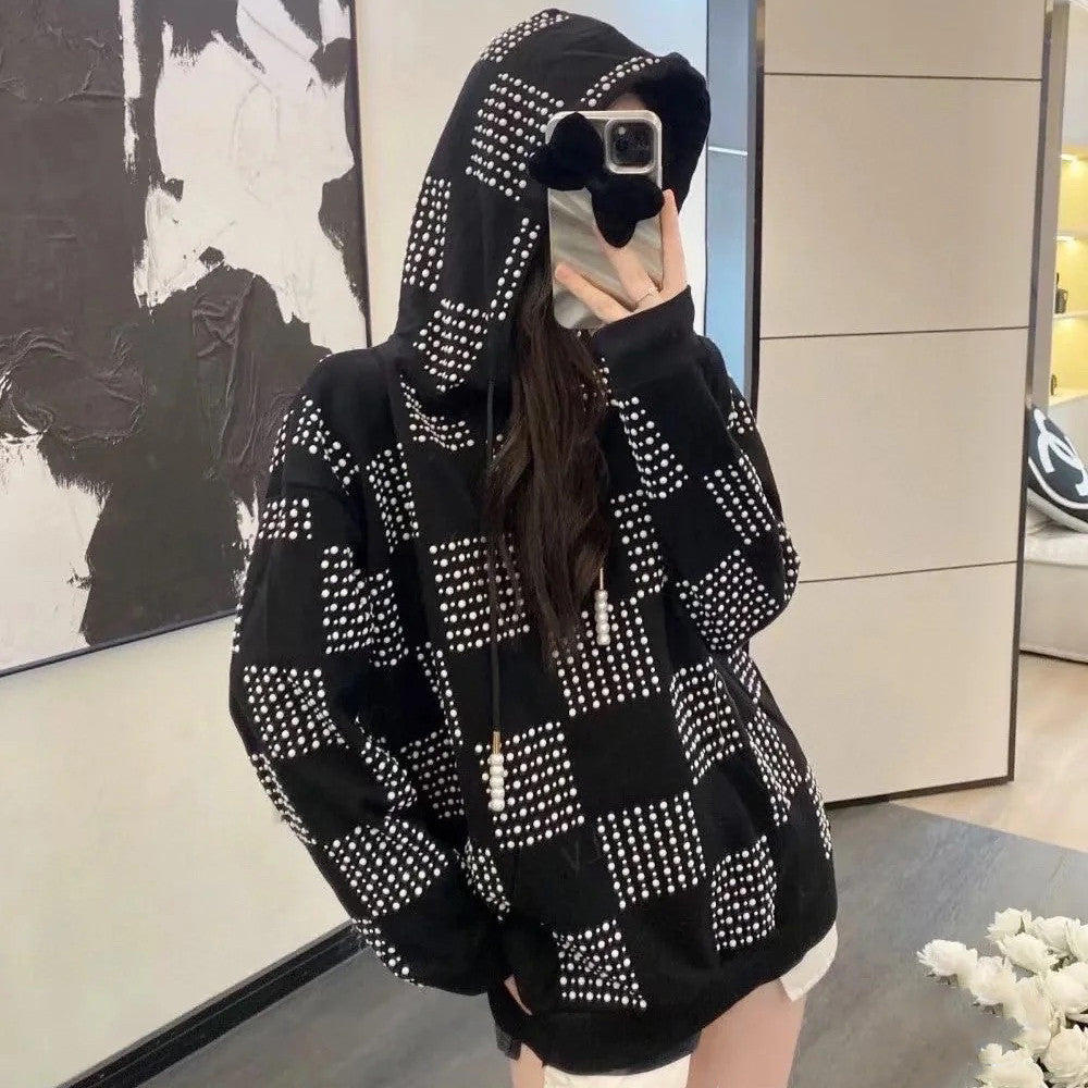 Louis Vuitton Men's Autumn/Winter Full Width Pearl Checkerboard Fleece Hooded Sweatshirt Pullover #97833