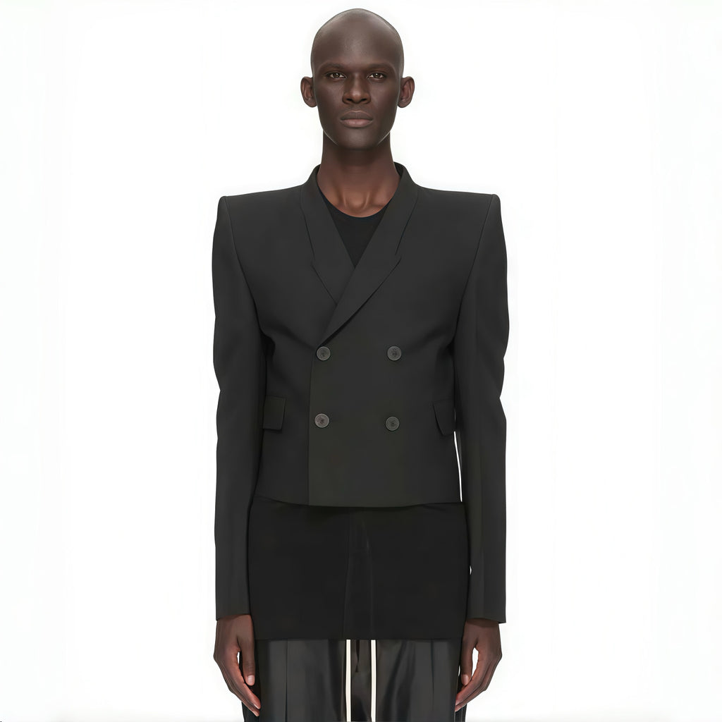 Rick Owens Men's Shoulder Padded Suit Spring And Autumn Fashion Casual High Street Double-breasted Lapel Trend Short Jacket Ngvp #9836