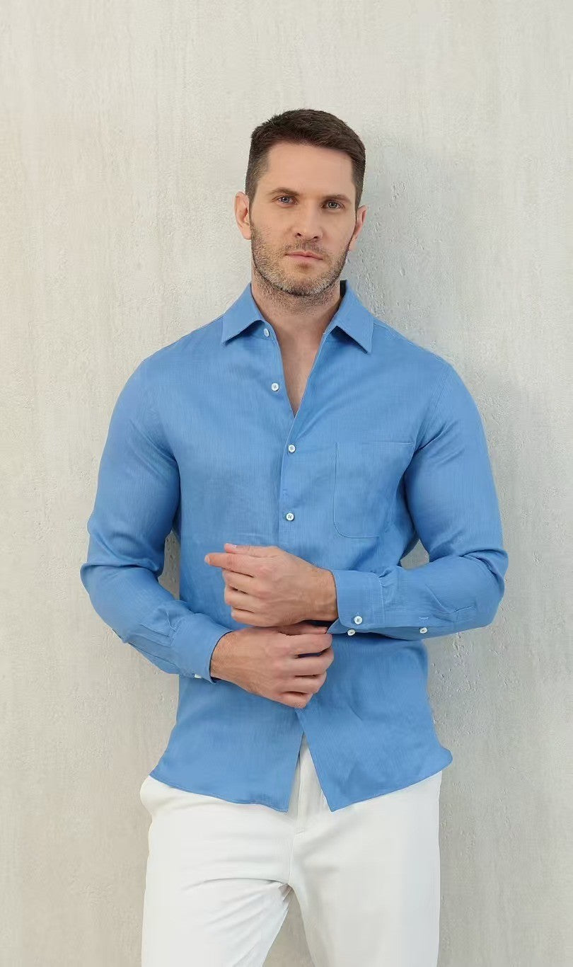 Loro Piana Men's Spring And Summer Solid Color André Shirt Lapel Single-breasted Linen Shirt Ngvp #7962
