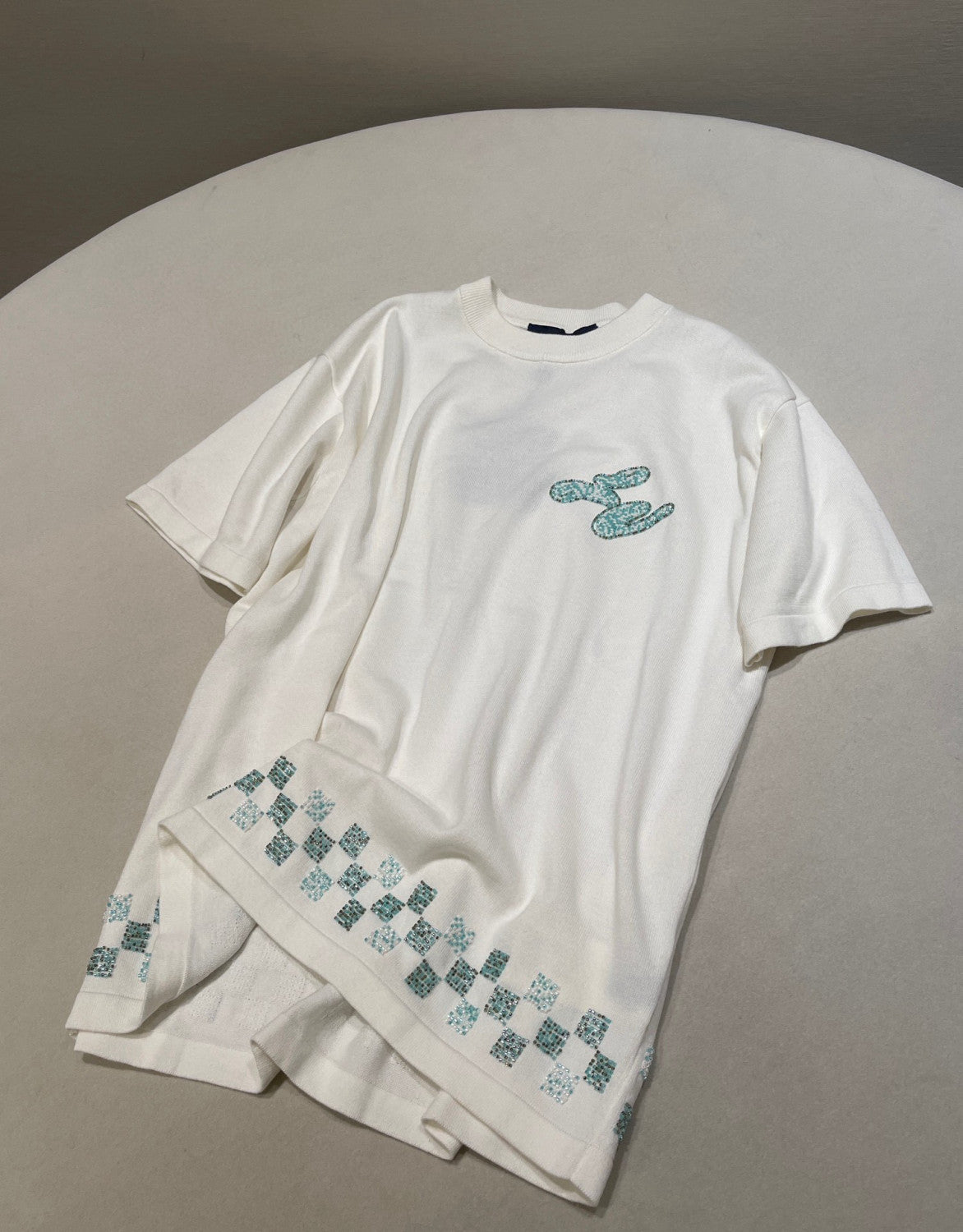 Louis Vuitton Men's Summer Hem Checkered Hot Drill Embroidery Fitted Cotton Short Sleeve Round Neck T-Shirt #81299