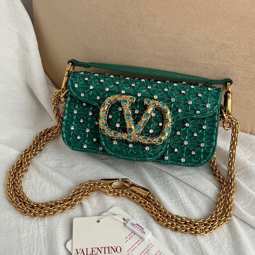 Valentino Women's Garavani Mini Loco 3d Embroidered Handbag With Swarovski Crystal Accents Vlogo Signature Magnetic Clasp Clutch With Chain Strap Bag Bags #196169
