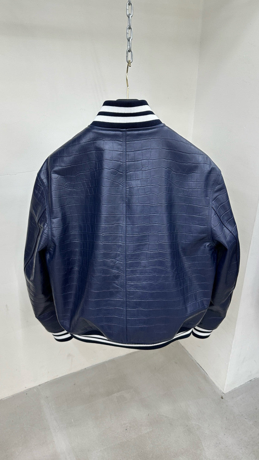 Louis Vuitton Men's Fall And Winter Navy Blue Lambskin Embossed Crocodile Leather Pattern Zipper Baseball Jacket #98618