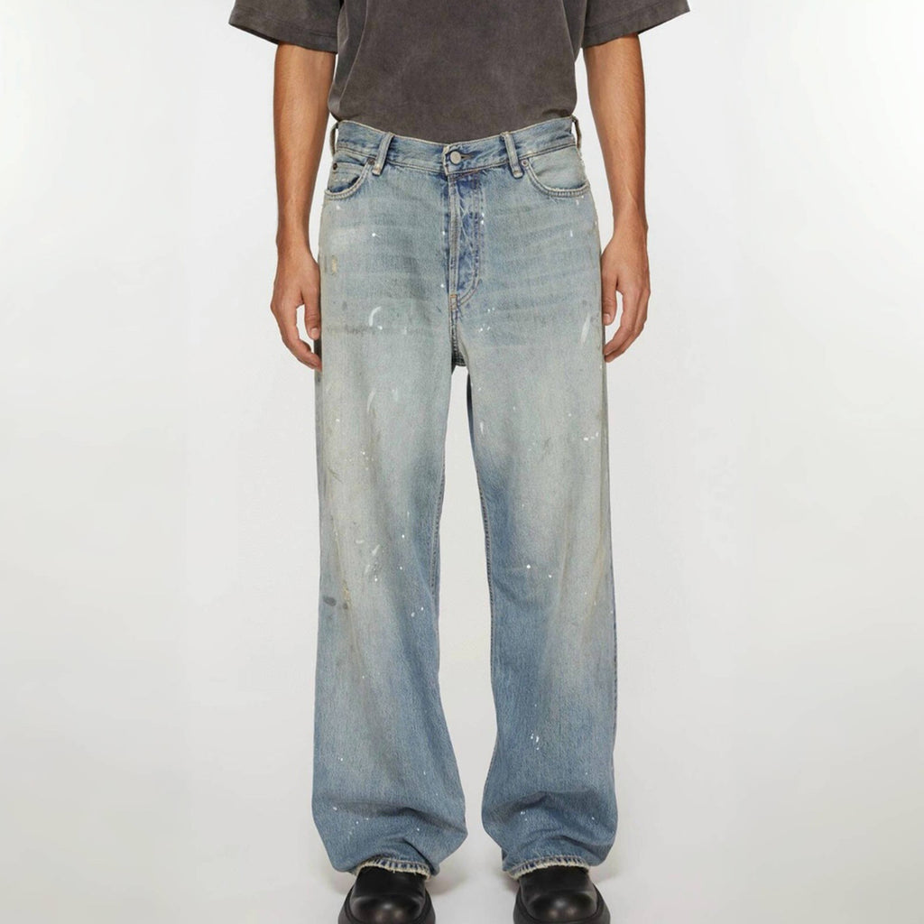 Acne Studios Men's Four Seasons Solid Color Graffiti Aged Straight Leg Loose Low Waist Wide Leg Denim Pants Ngvp #8745