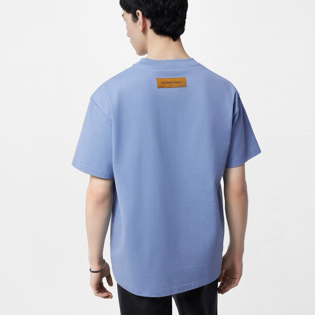 Louis Vuitton Men's And Women's Blue Embossed Logo Loose Round Neck Short Sleeve T-shirt #98495