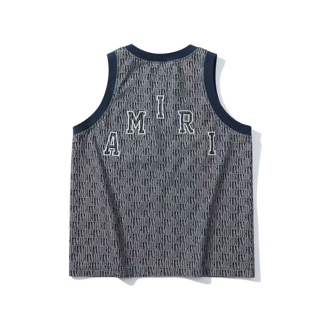 Amiri Men's Summer Blue Denim Jacquard Fabric Crew Neck Sleeveless T-Shirt #77699