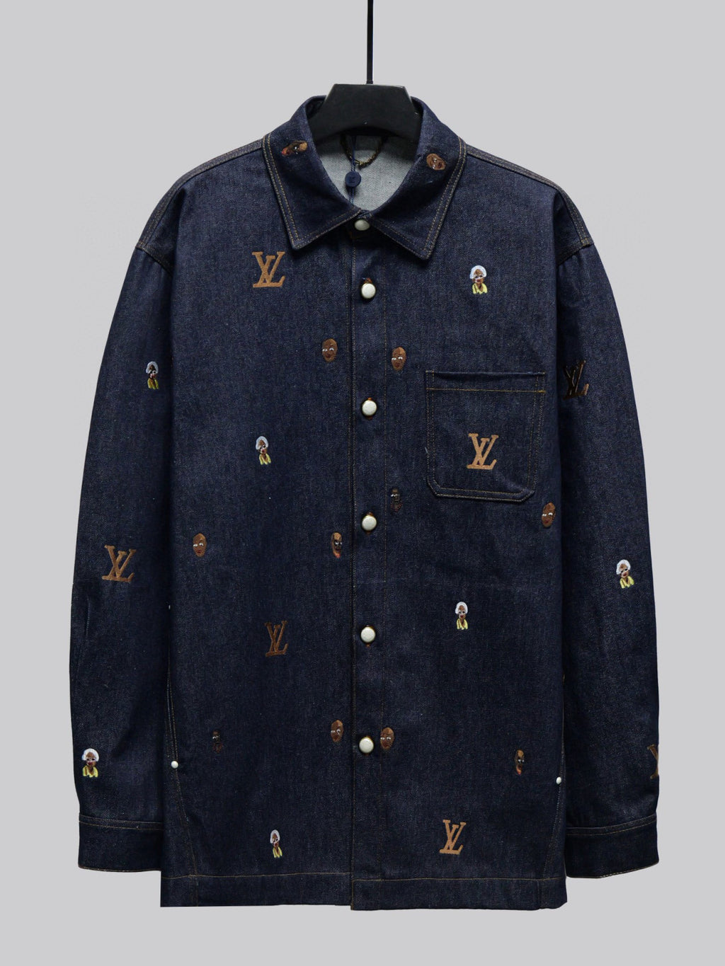 Louis Vuitton Men's Spring And Fall Dark Blue Monogrammed Embroidered Single-breasted Button Lapel Loose Casual Denim Long-sleeved Jacket Flared Jeans Pants Set Suit #73275