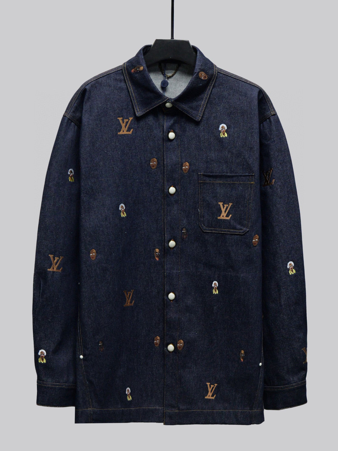 Louis Vuitton Men's Spring And Fall Dark Blue Monogrammed Embroidered Single-breasted Button Lapel Loose Casual Denim Long-sleeved Jacket Flared Jeans Pants Set Suit #73275