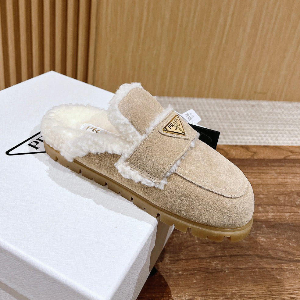 Prada Women's Fall/winter Casual Round Toe Slip On Fleece Lined Triangular Logo Birkenstock Style Slippers Shoes #79271