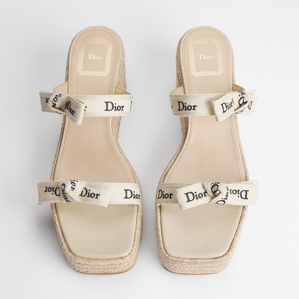 DIOR J Adior Wedge Slide with Straps White Embroidered Cotton and Natural Raffia #386876