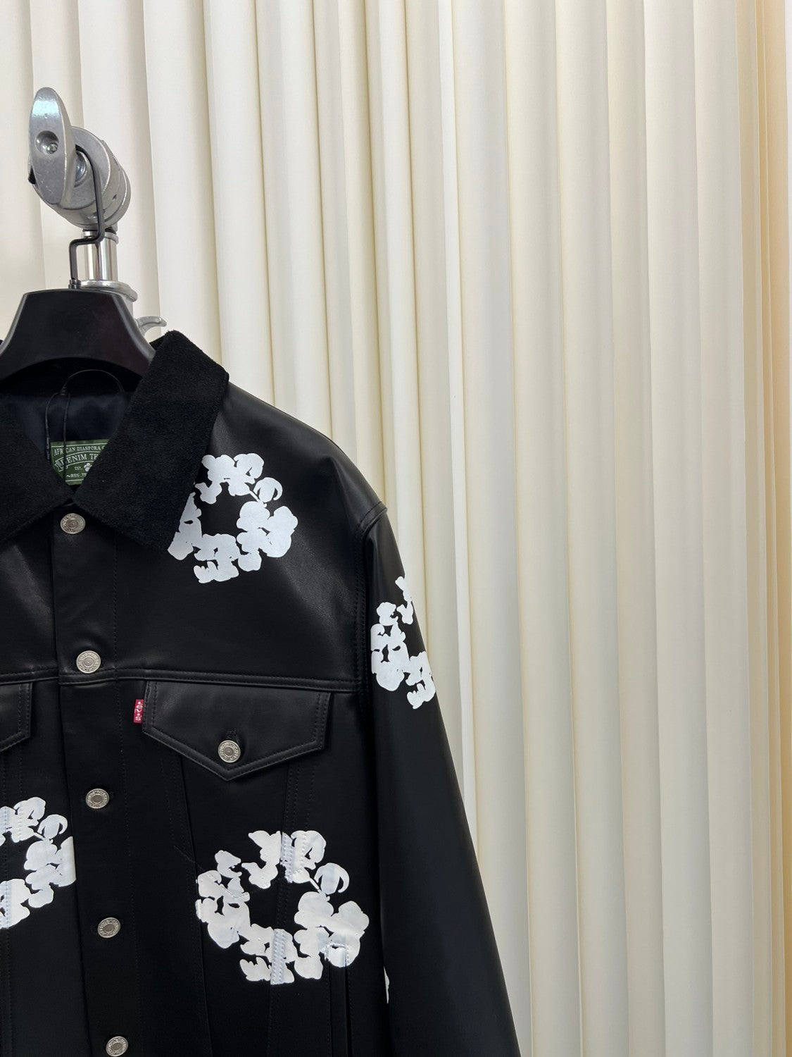 Denim Tears x Levi's Men's and Women's Autumn and Winter Black Leather Cotton Loop Logo Printed Lapel Single Breasted Long Sleeve Jacket Mid Calf Casual Pants Suit Set #74881