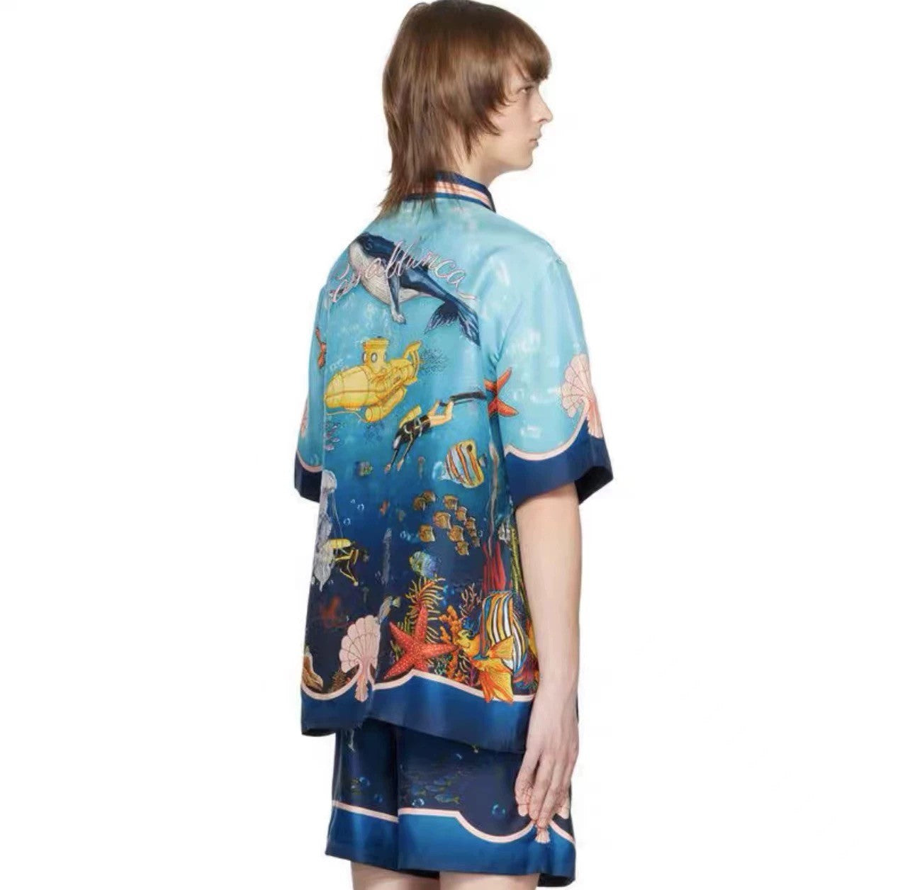 Casablanca Men's Summer Underwater World Pattern Printed Single Breasted Short Sleeve Shirt Casual Lace Up Shorts Set Suit #77126