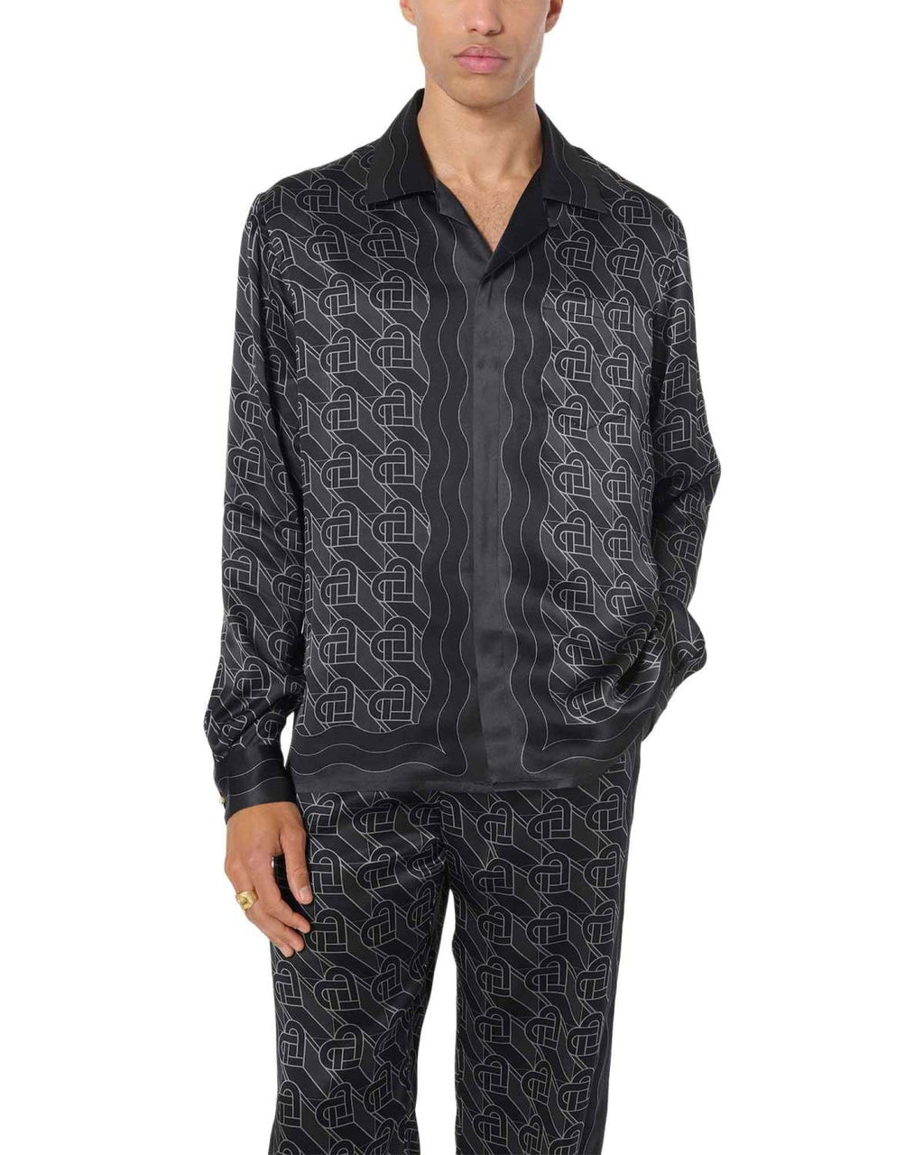 Casablanca Men's Spring And Fall Solid Color Heart Full Print Lapel Long-Sleeved Silk Loose Shirt Casual Elastic Waist Straight Pants Ngvp #8827