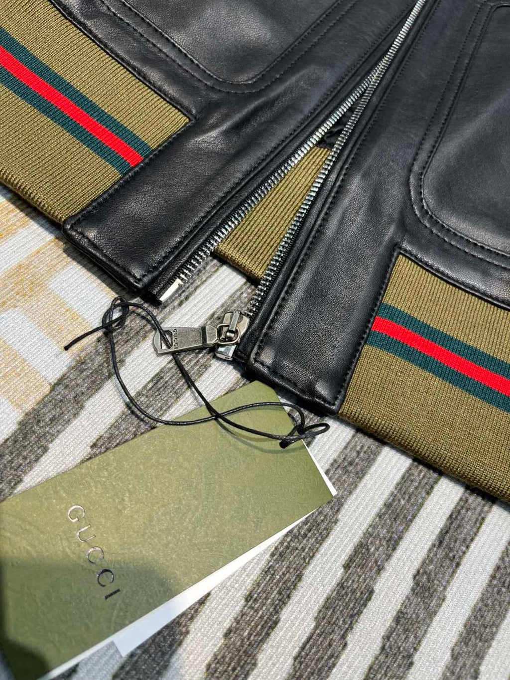 Gucci Men's Spring And Autumn Striped Standing Collar Solid Color Long Sleeve Leather Jacket Coat #99961