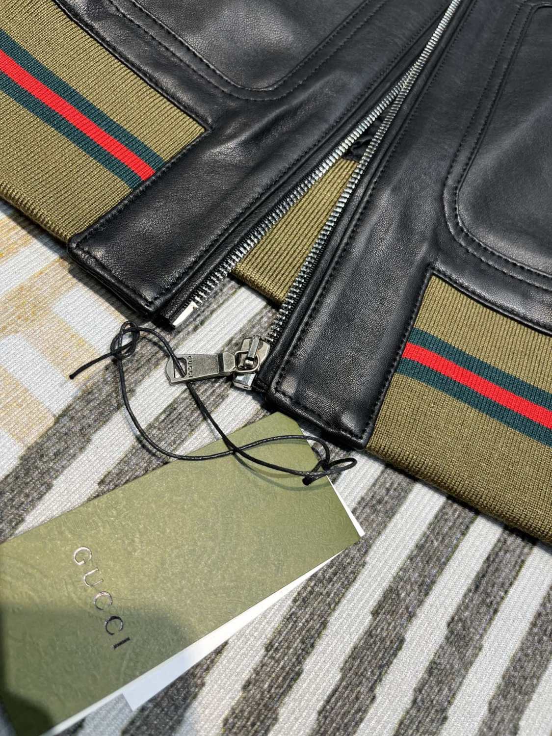 Gucci Men's Spring And Autumn Striped Standing Collar Solid Color Long Sleeve Leather Jacket Coat #99961
