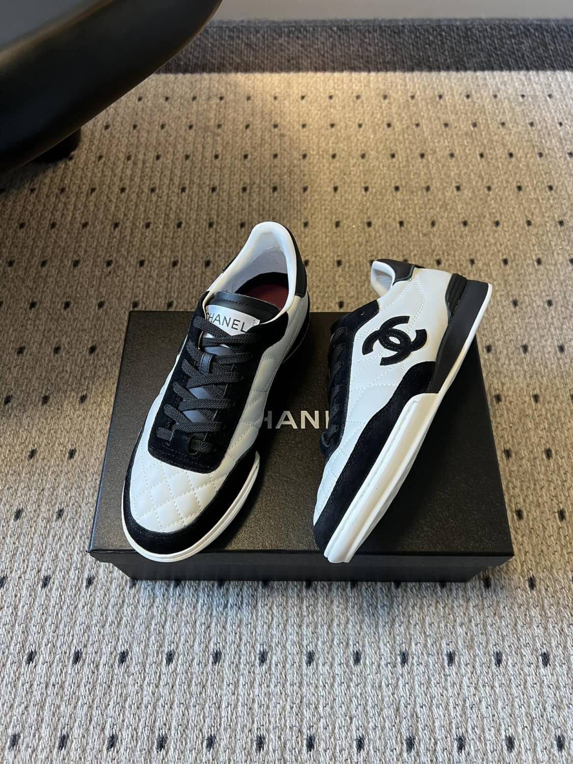 Chanel Trainers Calfskin Suede Kidskin White Black #377371