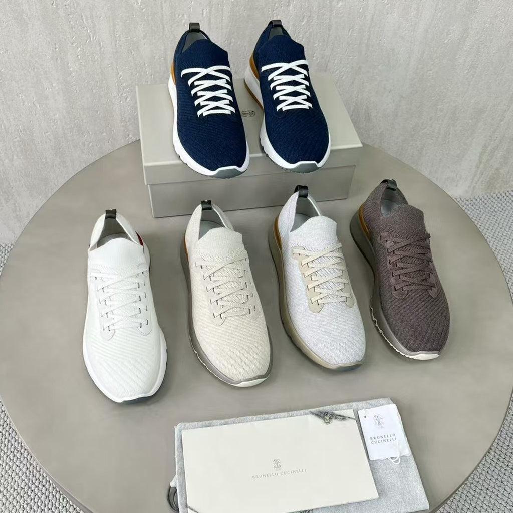 Brunello Cucinelli  Men's Spring Autumn Knitted Cotton Fabric Patchwork Semi-Polished Calfskin Sneakers Fashion Comfort Sports Running Shoes #81233