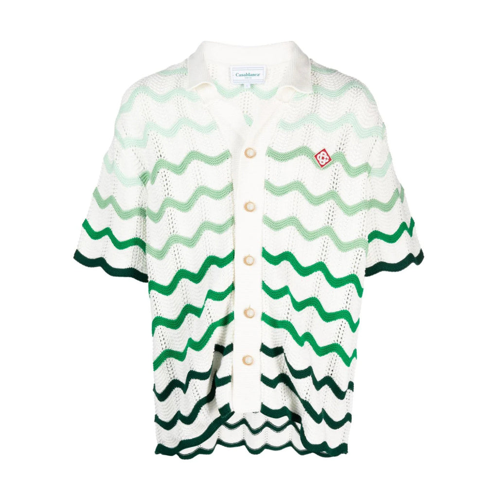 Casablanca Men's Summer Wave Stripe Single Breasted Knit Short Sleeve Shirt Cotton Shorts Pants Suit Set #98831
