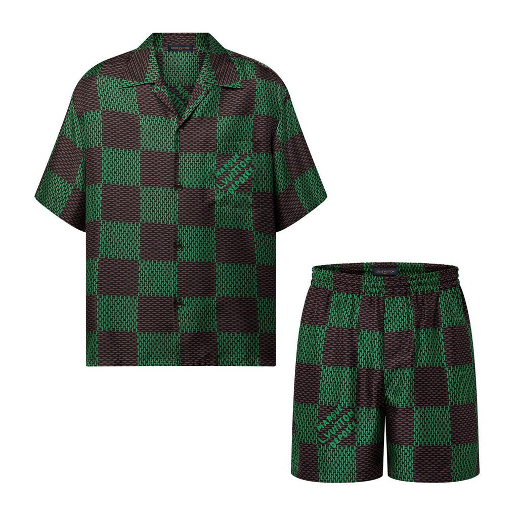 Louis Vuitton Men's Summer Green Checkerboard Logo Pattern Single Breasted Loose Short Sleeved Shirt High Waisted Elastic Leisure Shorts Pants Sei Suit #98616