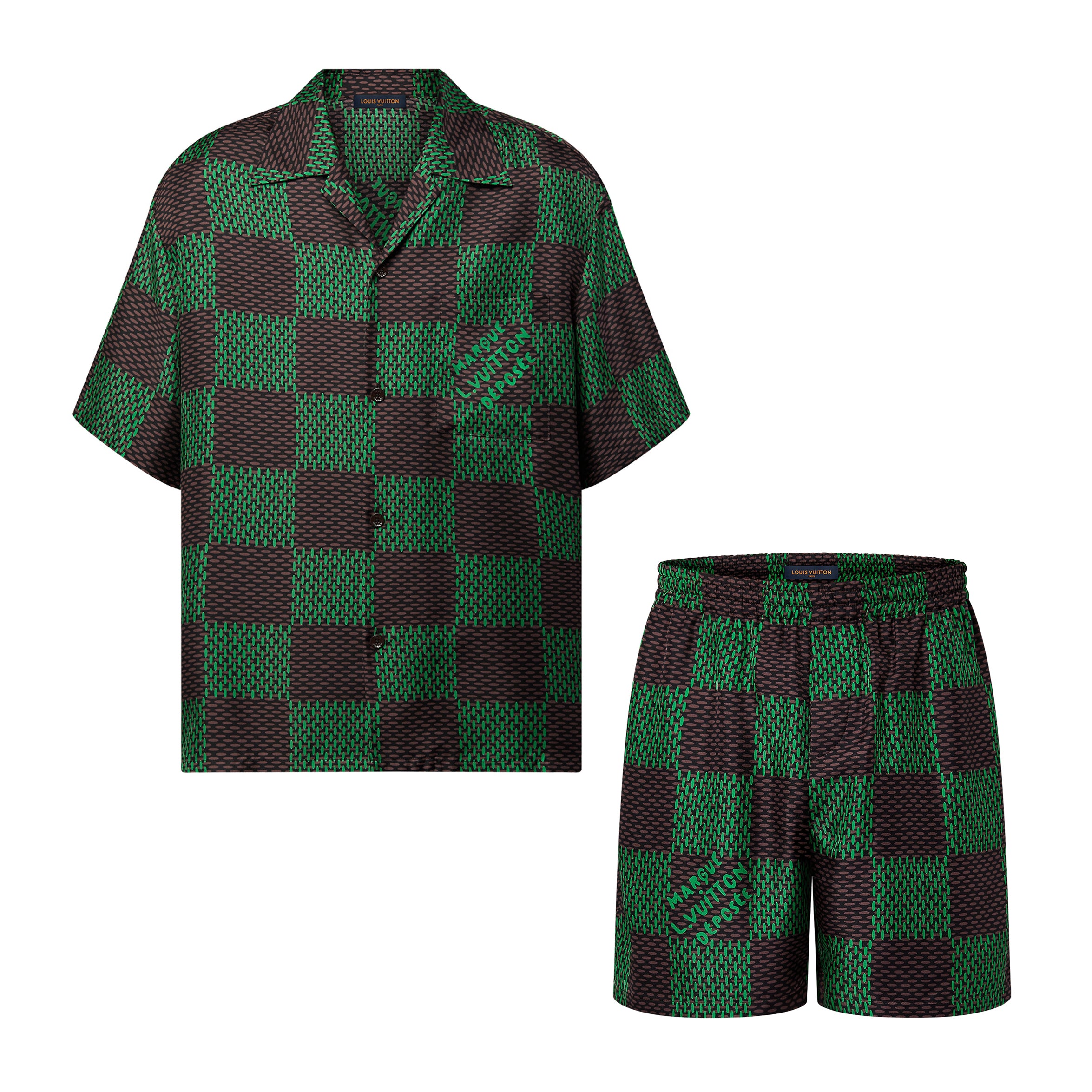 Louis Vuitton Men's Summer Green Checkerboard Logo Pattern Single Breasted Loose Short Sleeved Shirt High Waisted Elastic Leisure Shorts Pants Sei Suit #98616