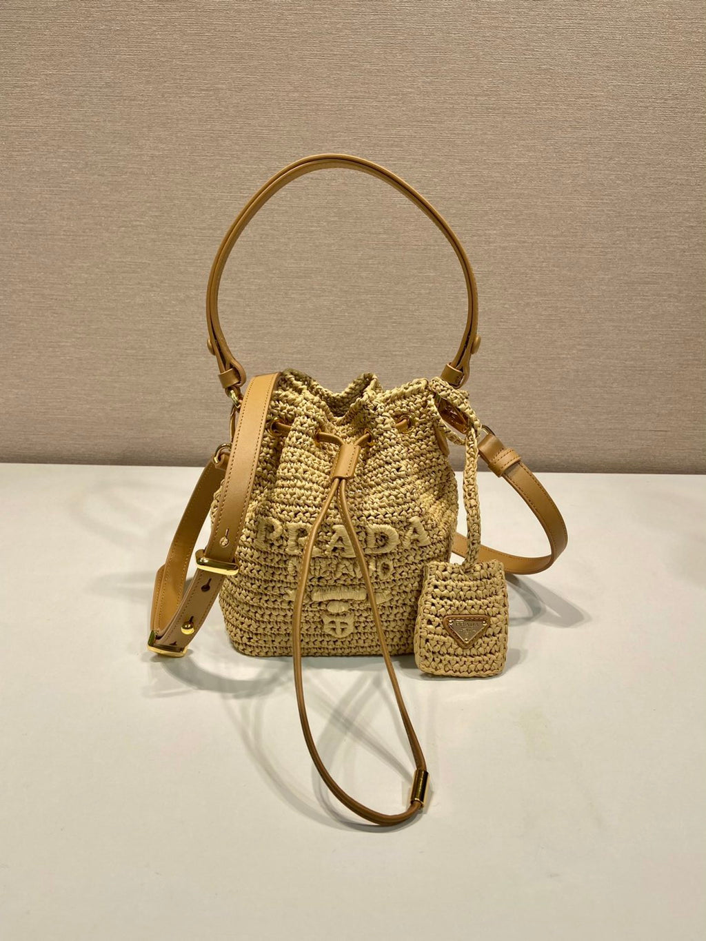 Prada Women's Logo Embroidered Adjustable Detachable Shoulder Strap Lafite Grass Patchwork Leather Bucket Bag Mini Handheld One Shoulder Crossbody Bag  Bags #196301