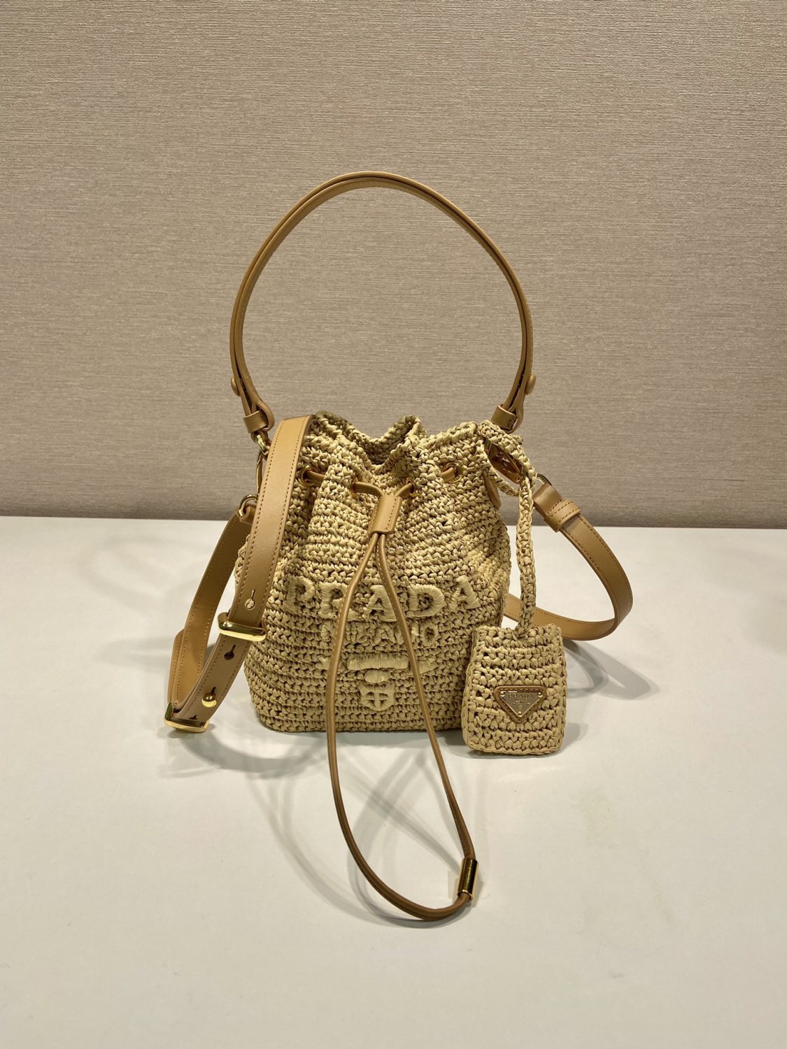 Prada Women's Logo Embroidered Adjustable Detachable Shoulder Strap Lafite Grass Patchwork Leather Bucket Bag Mini Handheld One Shoulder Crossbody Bag  Bags #196301