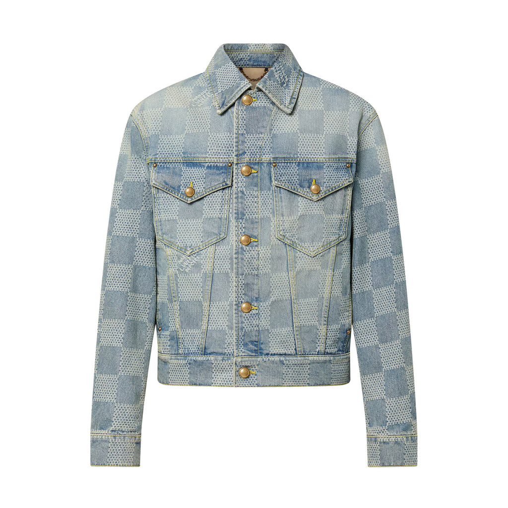 Louis Vuitton Men's Spring And Fall Checkerboard Print Single Breasted Long Sleeved Denim Jacket Button Jeans Pants Suit Set #75884