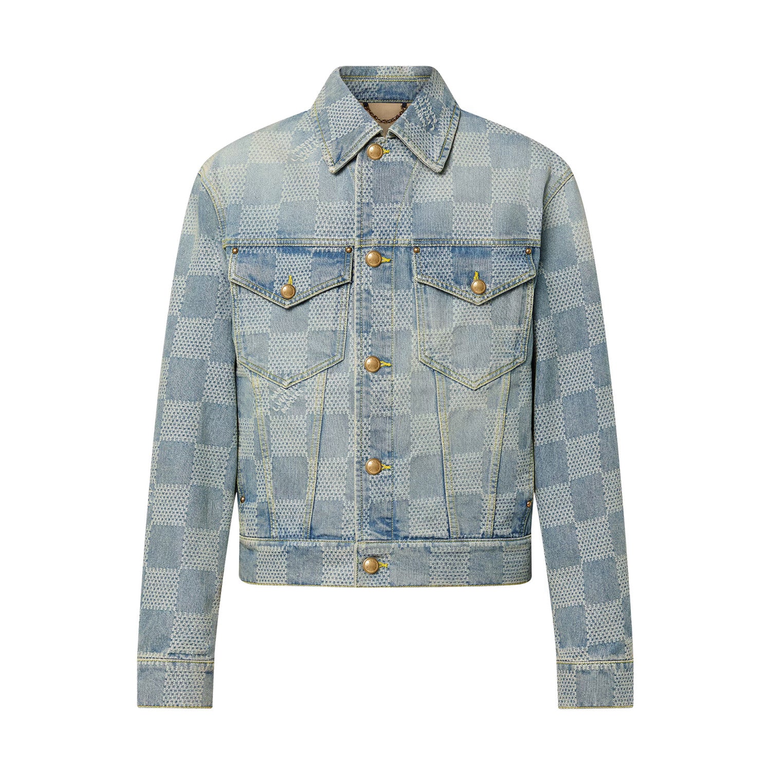 Louis Vuitton Men's Spring And Fall Checkerboard Print Single Breasted Long Sleeved Denim Jacket Button Jeans Pants Suit Set #75884