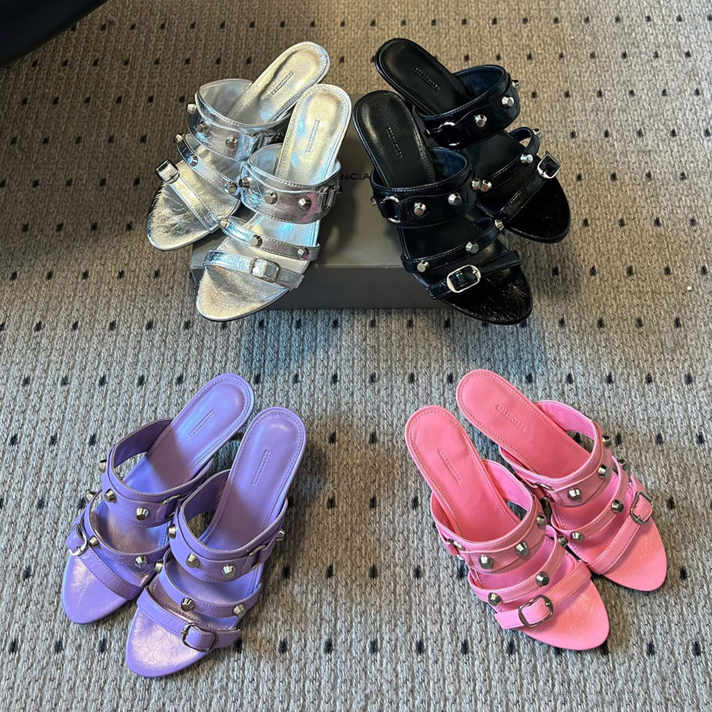 Balenciaga Women's Metal Rivet Decorated Sandals Fine Heeled High Heels Fashion Sexy Solid Colour Basic Slippers Shoes Heel High 8.5cm Ngvp #1466