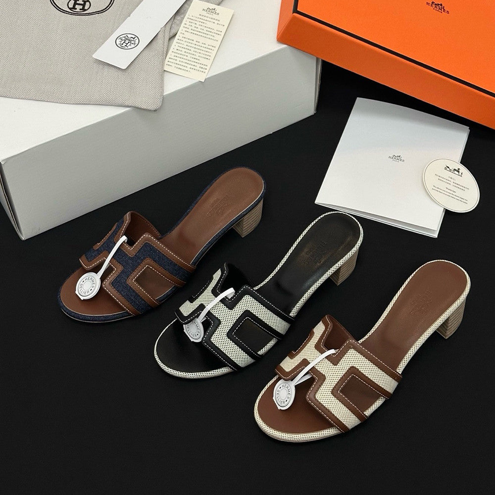 Hermès High-heeled Denim Patchwork Slippers #385101