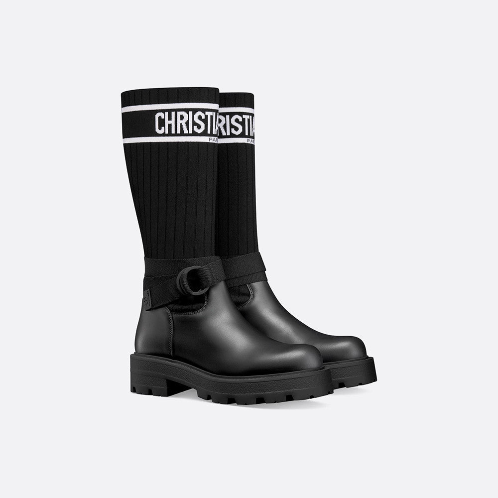 Dior Women's D-Major Ankle Boots Black Calf Leather With Black And White Technical Jersey #332813