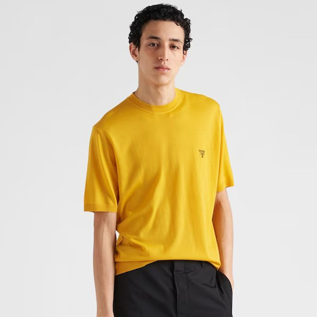 Prada Men's Spring/Summer Solid Color Logo Embroidery Superfine Wool Crew Neck Short Sleeve Sweater #98319