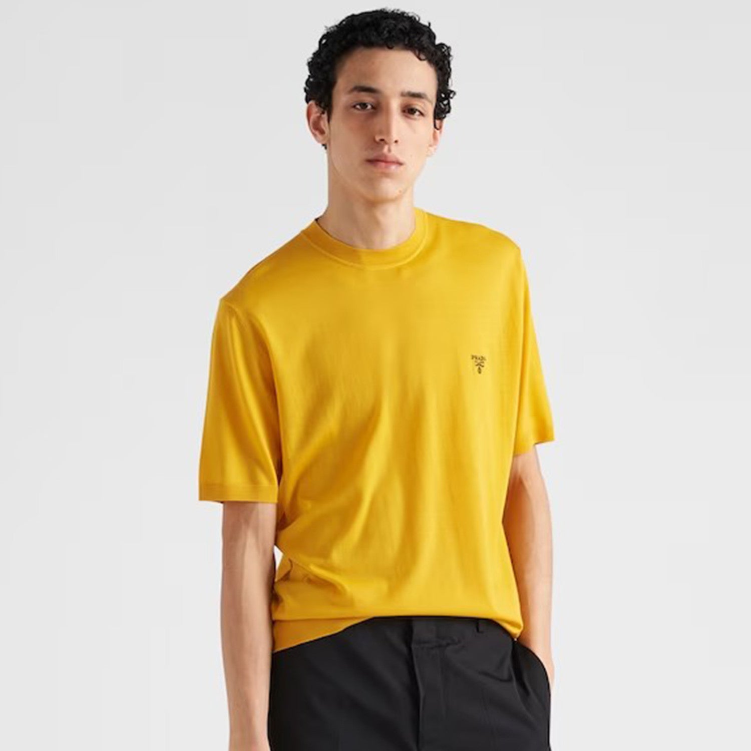 Prada Men's Spring/Summer Solid Color Logo Embroidery Superfine Wool Crew Neck Short Sleeve Sweater #98319
