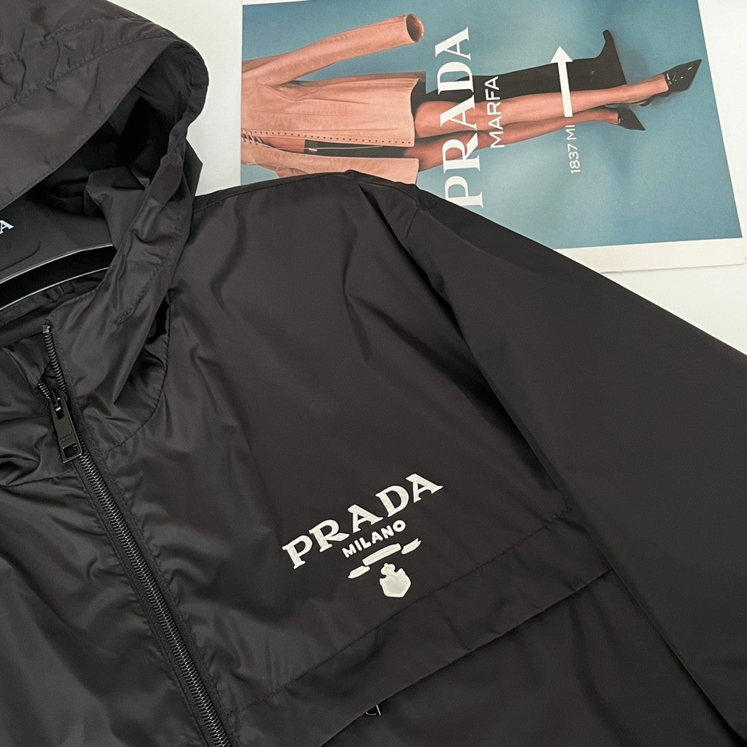 Prada Men's Spring and Summer Fashion Solid Color Zipper Long Sleeve Hooded Jacket #73389