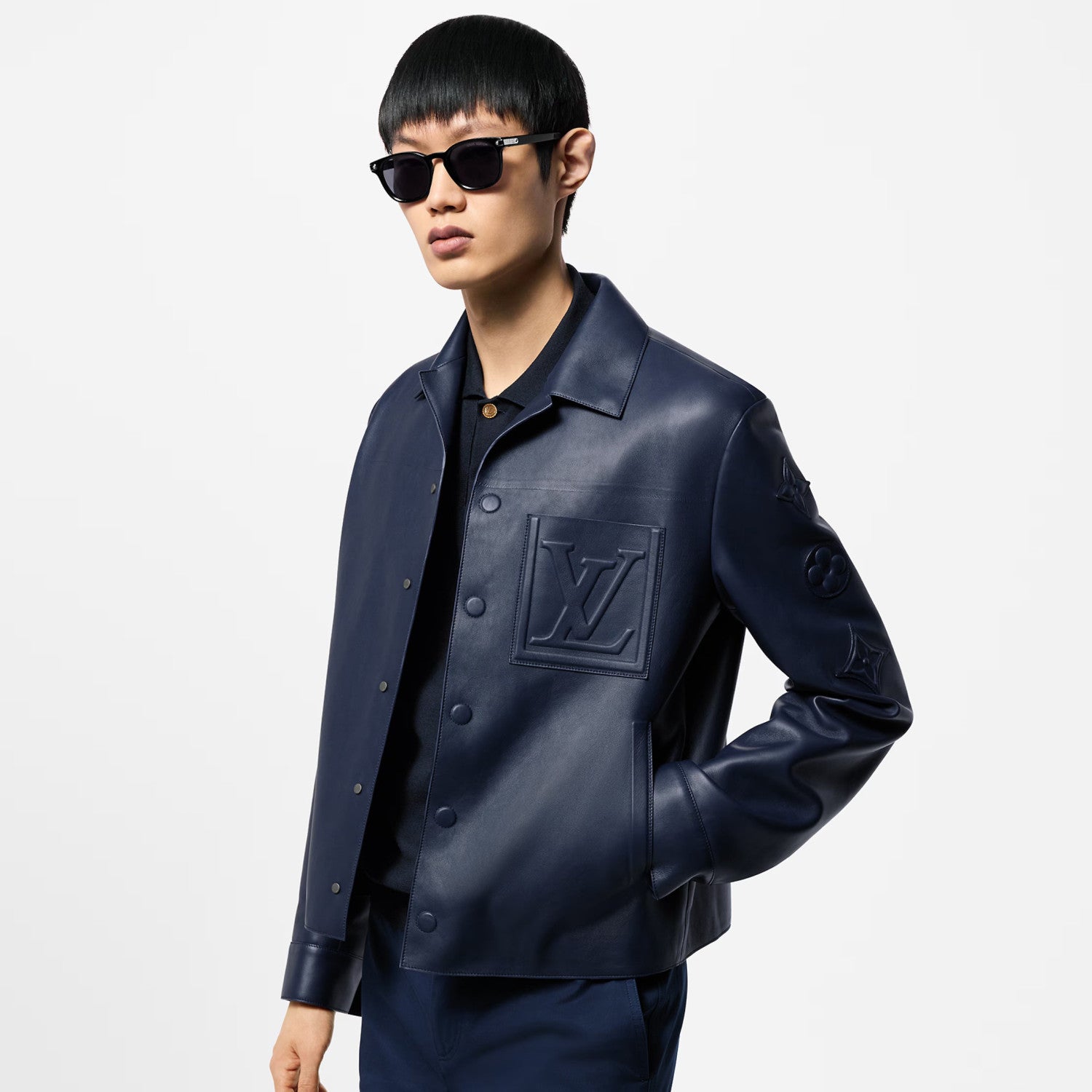 Louis Vuitton Men's Autumn and Winter Solid Color Embossed Leather Monogrammed Single Breasted Long Sleeve Jacket #74224
