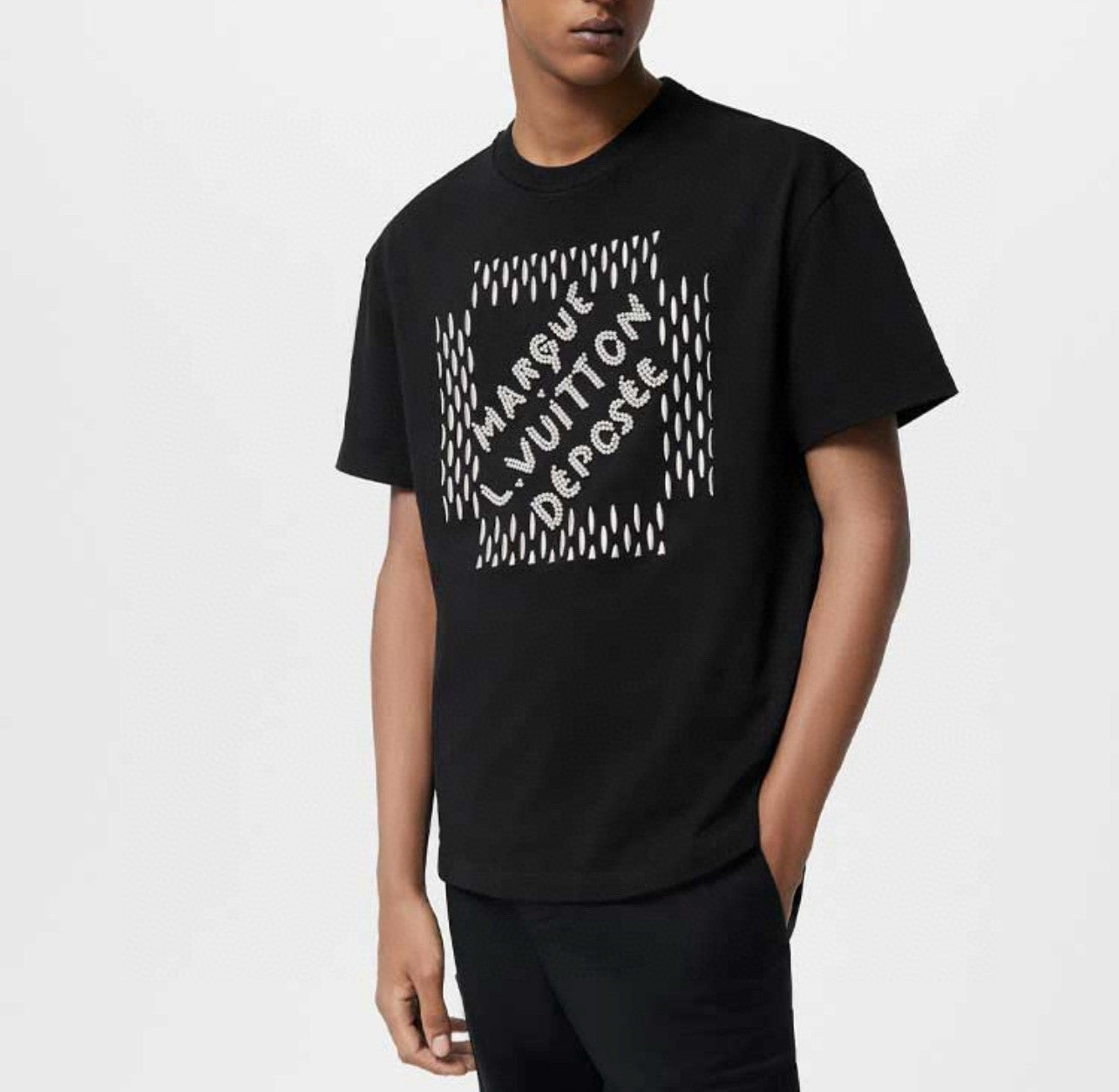 Louis Vuitton Men's Summer Beaded Embroidered Logo Black Round Neck Cotton Short Sleeve T-Shirt #98411