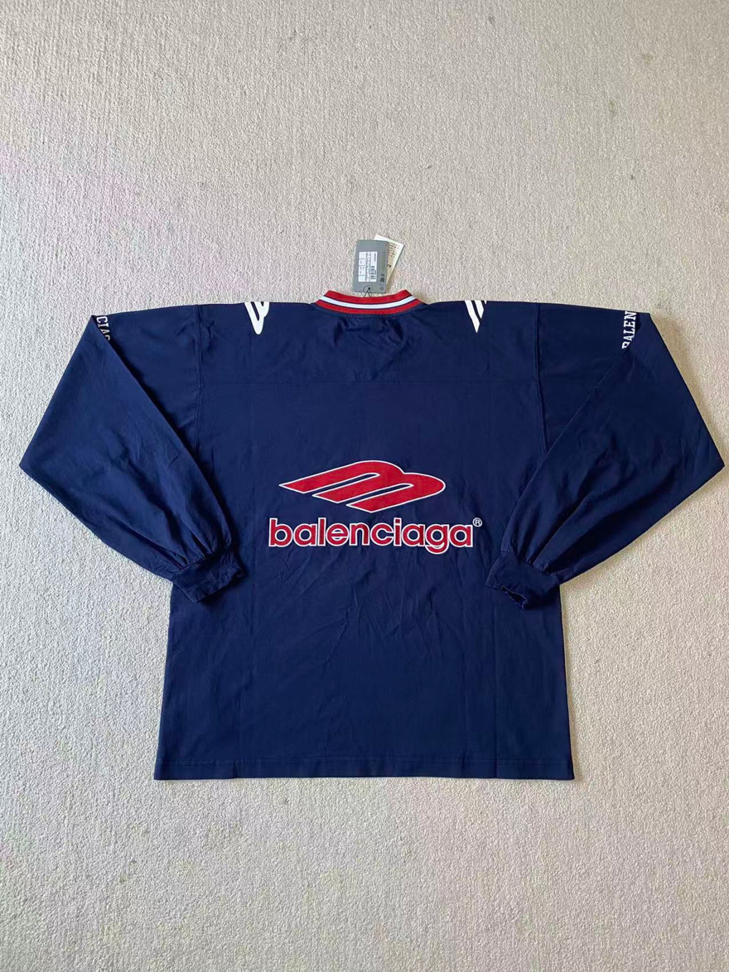 Balenciaga Men's 3b Football Long Sleeve V-neck T-shirt in Dark Navy red  #334654