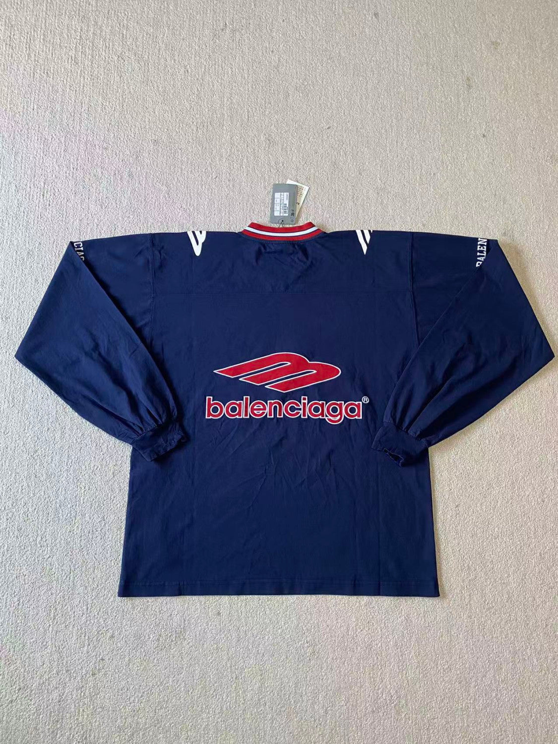 Balenciaga Men's 3b Football Long Sleeve V-neck T-shirt in Dark Navy red  #334654