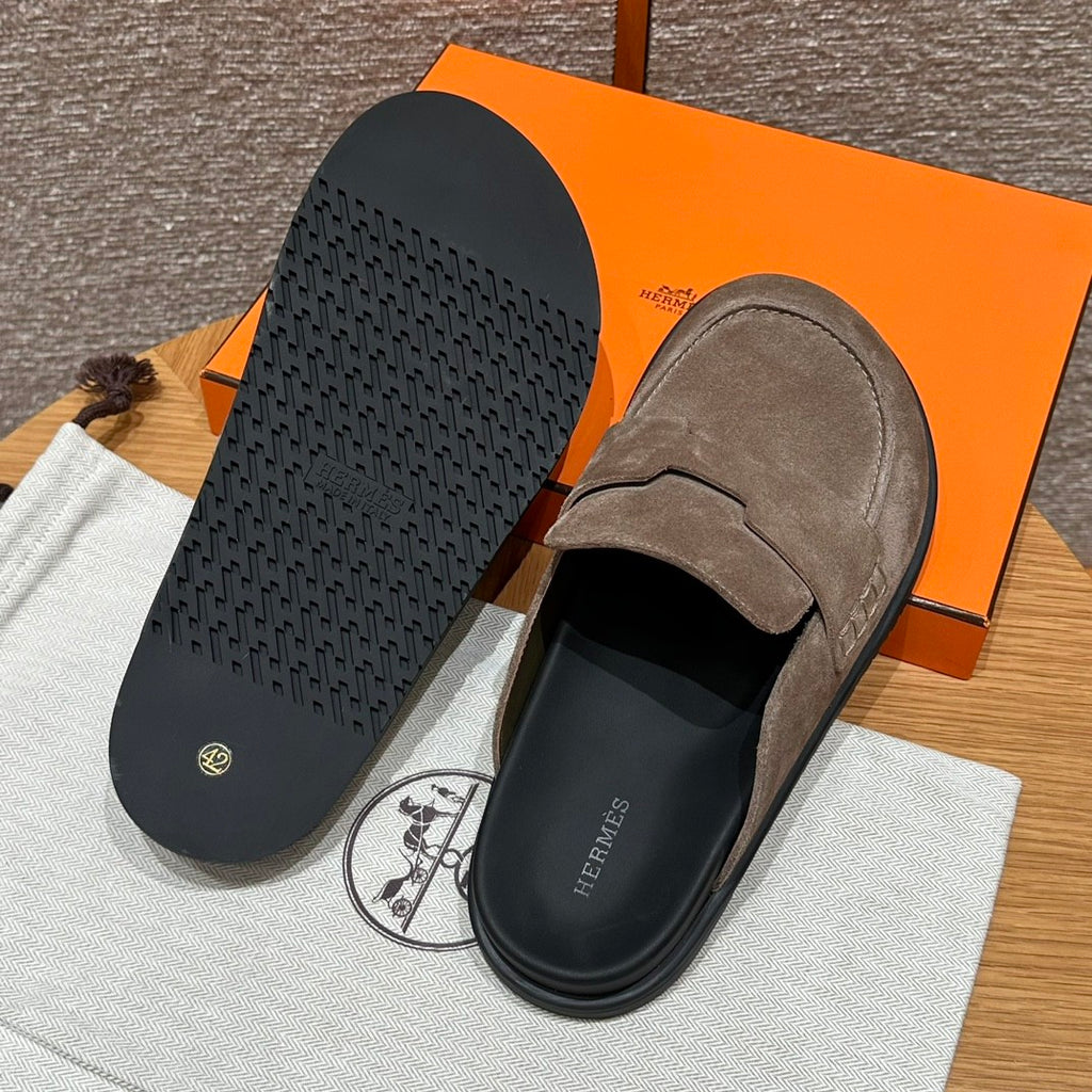 Hermes Men's Spring And Summer Solid Color Calfskin Round Head Flat Bottom Baotou Birkenstock Slippers Shoes #75495