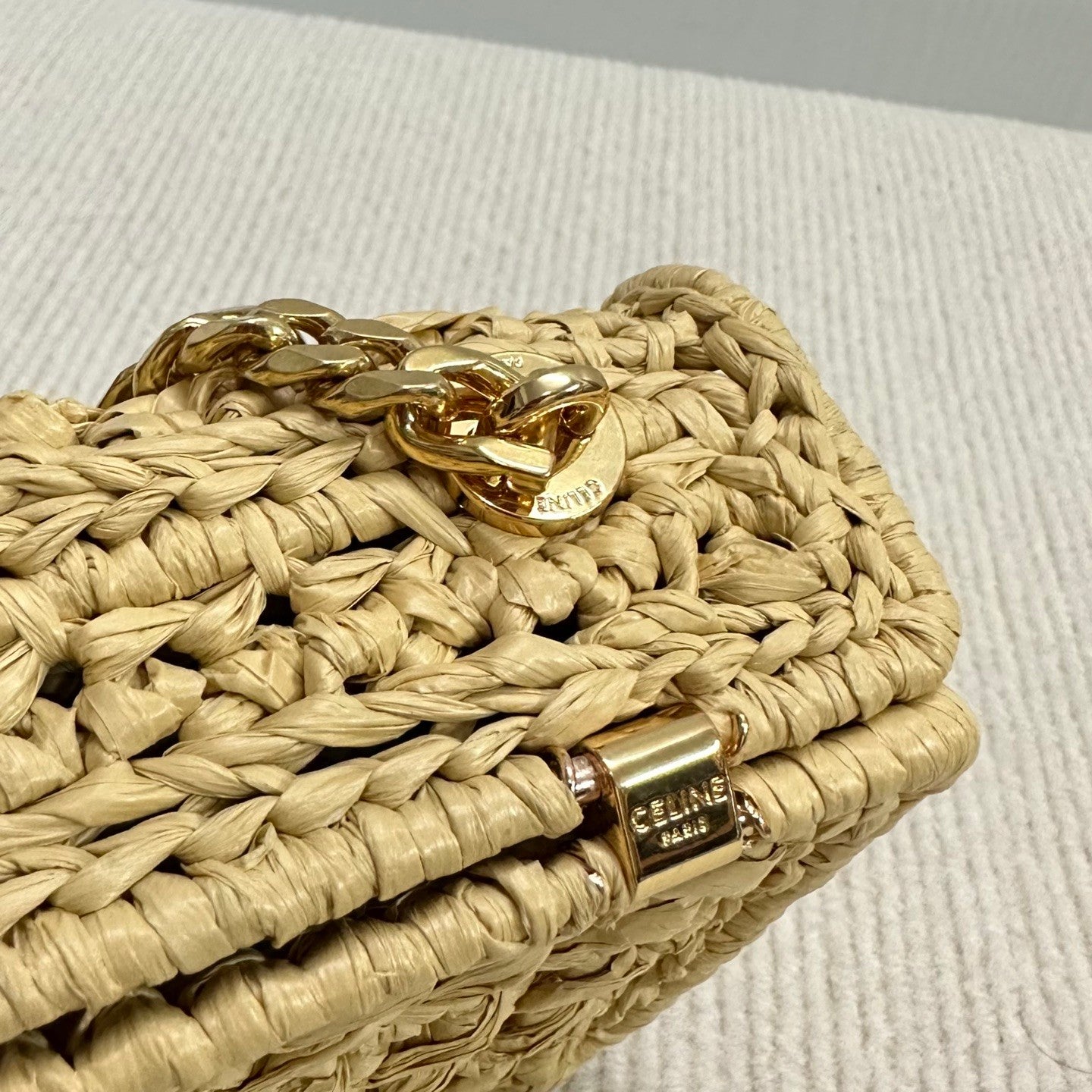 Celine TRIOMPHE Women's Monogrammed Gold Buckle Raffia Woven Solid Color Crossbody Shoulder Bag Bags #76673