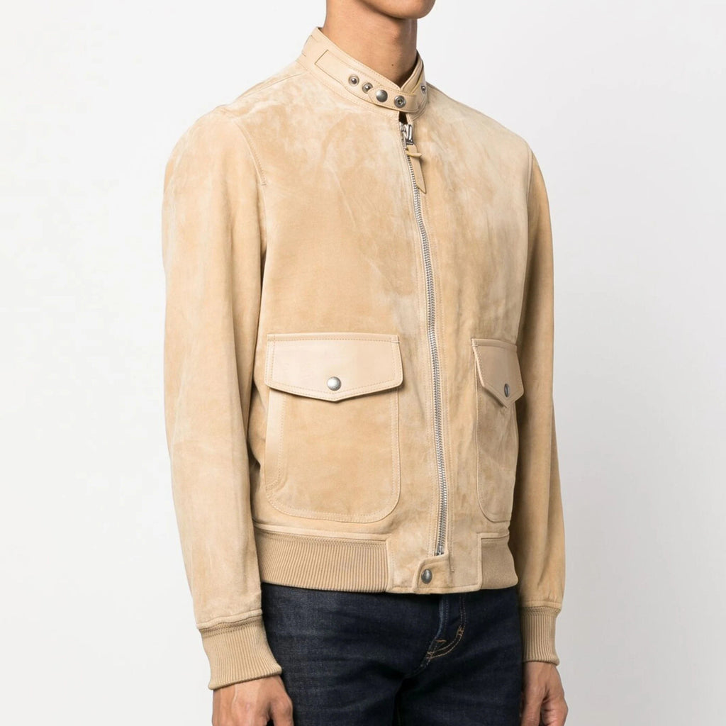 Tom Ford Men's Winter Khaki Stand Collar Zipper Long Sleeve Regular Fit Suede Pilot Jacket #98472