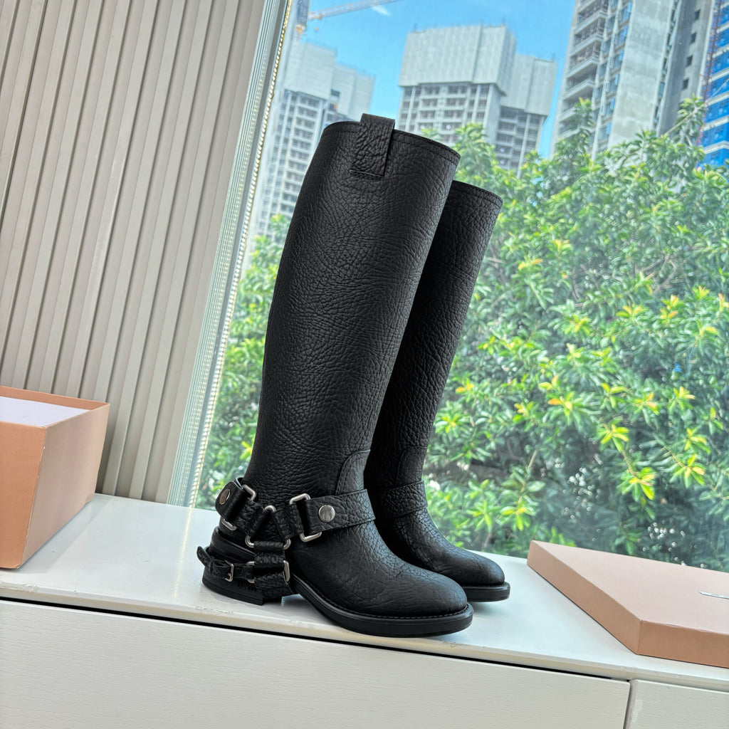 MiuMiu Women's Fall/Winter Classic Solid-Color Leather Biker-Style Long Boots Retro Rider Long Boots Shoes #78721