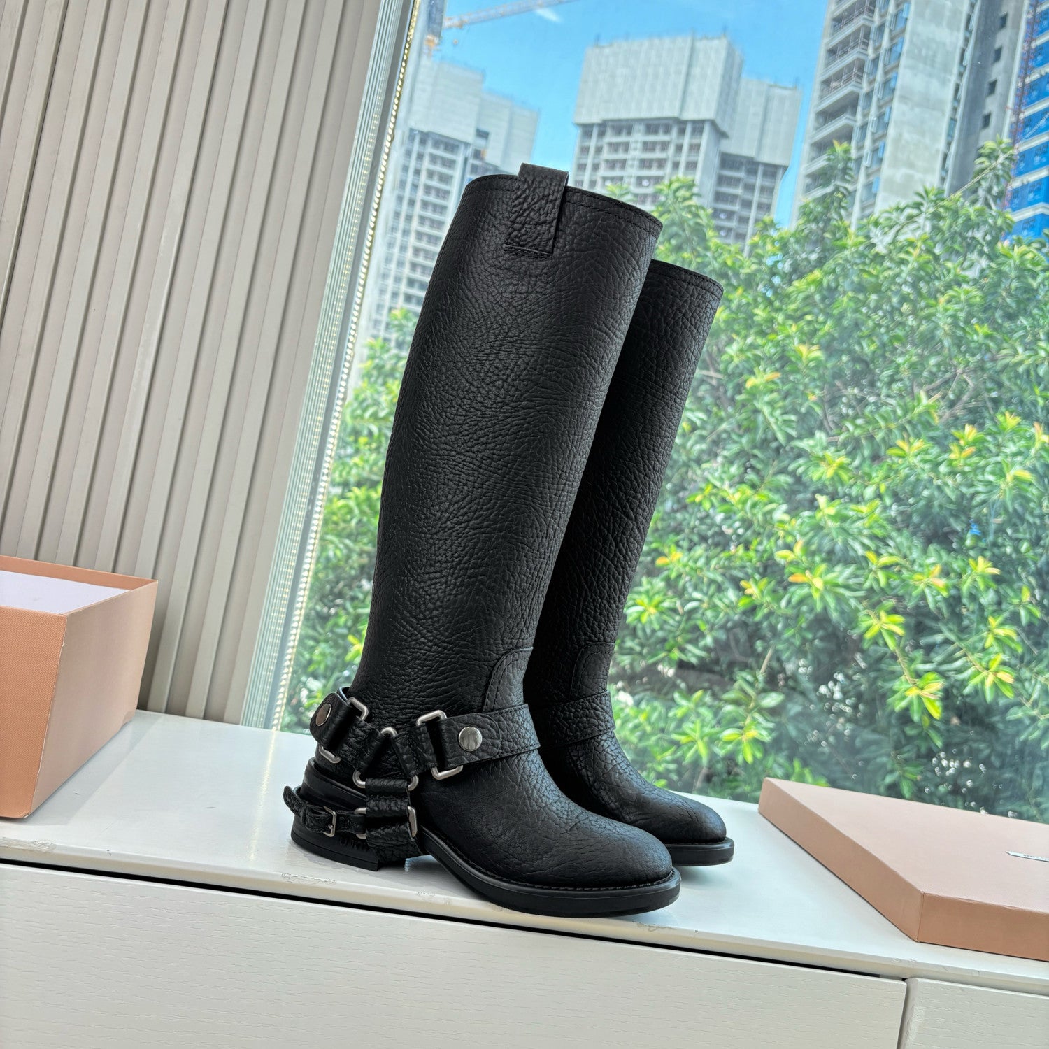 MiuMiu Women's Fall/Winter Classic Solid-Color Leather Biker-Style Long Boots Retro Rider Long Boots Shoes #78721